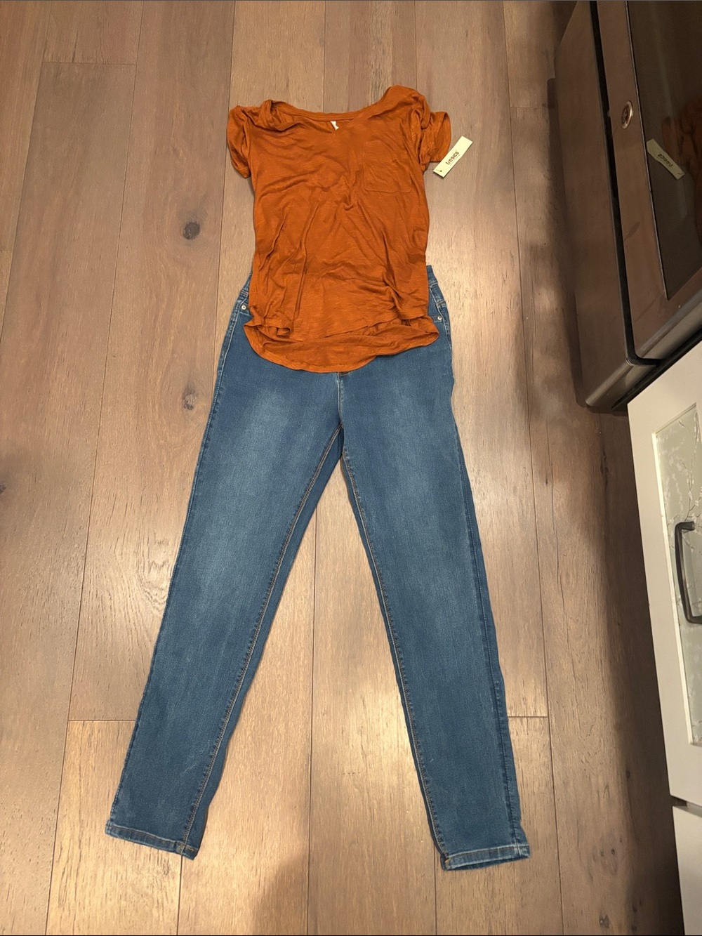 Curve Skinny Blue Jeans with Rust Top Accent